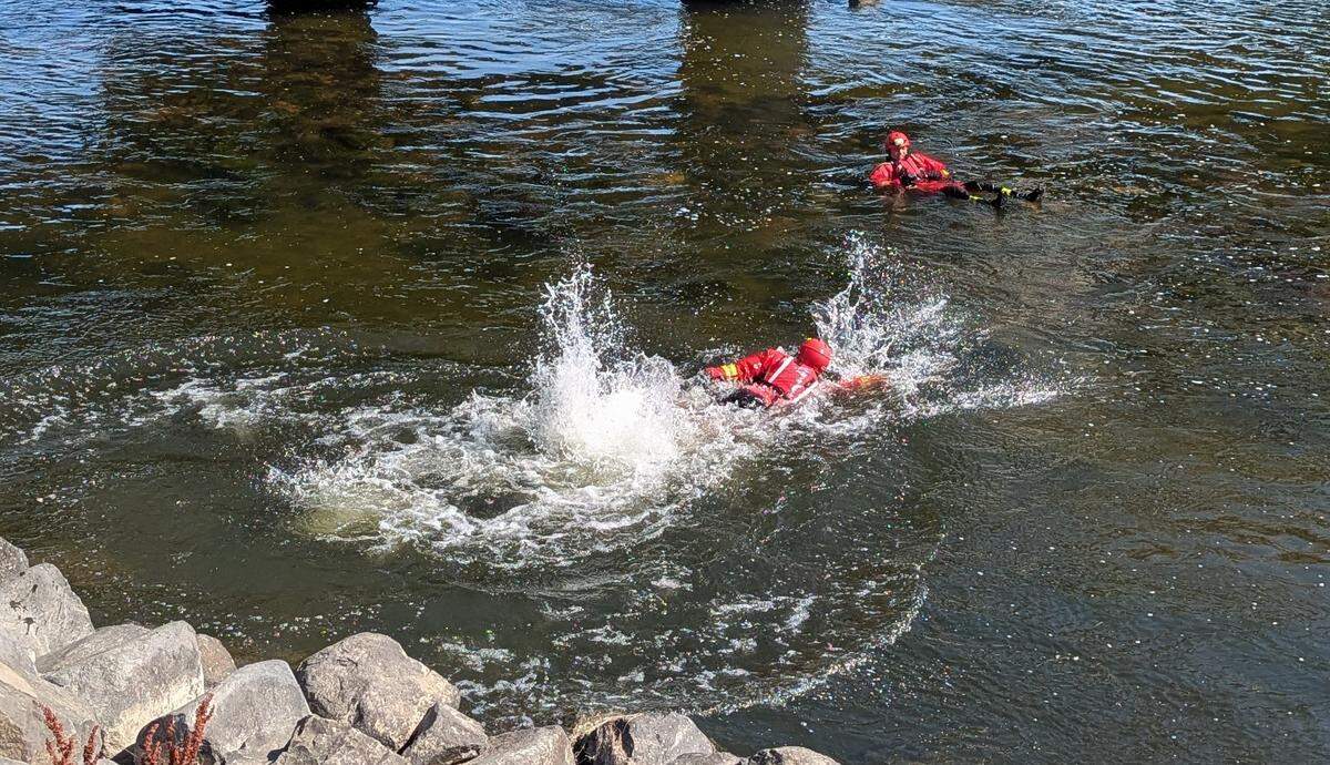 A Benton County Fire District 4 firefighter jumps into the Yakima River Thursday to practice a water rescue.