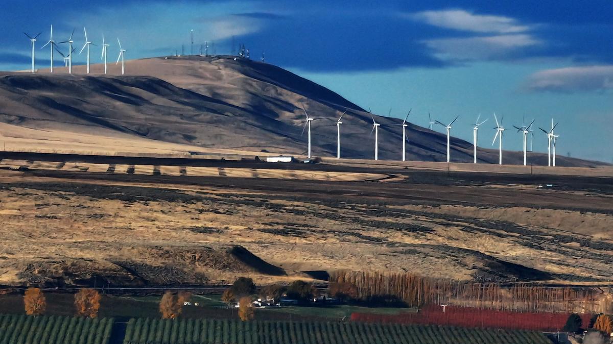 Wind turbines are visible on the hill south of Kennewick. Gov. Jay Inslee has approved a project to add more turbines along 24 miles of the Horse Heaven Hills.
