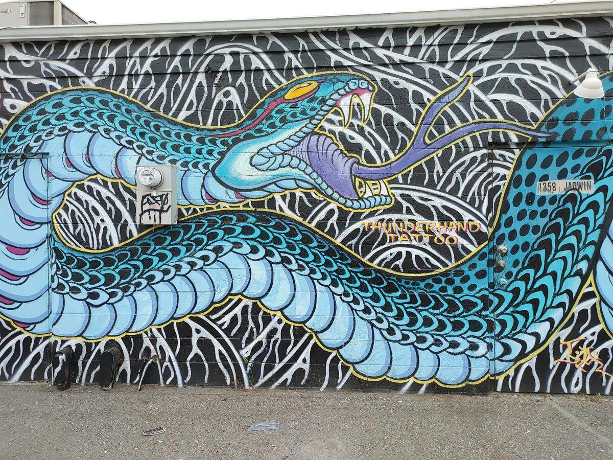 The Uptown Shopping Center features art by local artists in its alleyways, part of an effort to create and arts district and encourage visitors to the iconic Richland retail hub. This mural is behind Thunderhand Tattoo.