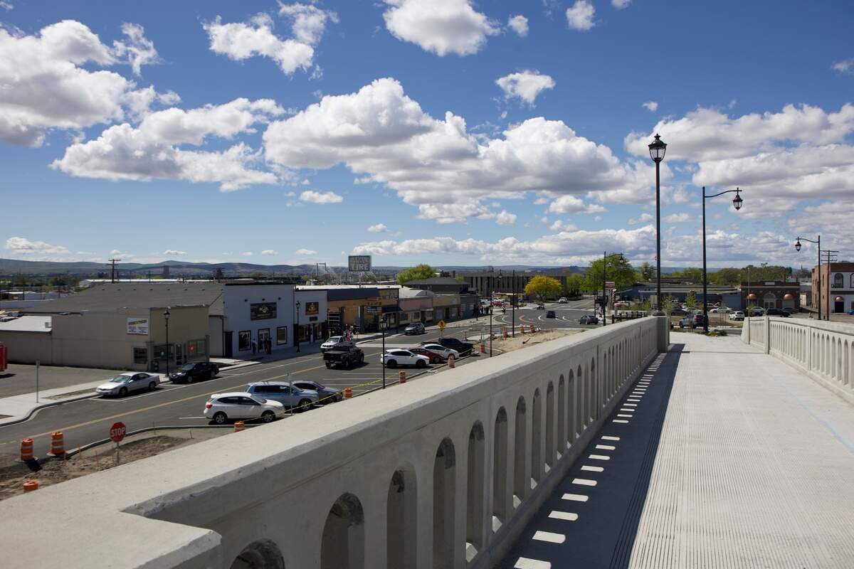 Lewis Street businesses can be seen from the overpass sidewalks.