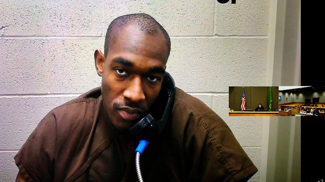 Suspect Devontea Wright, 27, appears Dec. 2, 2022 in Benton County Superior Court via a video link after being taken into custody on Benton County charges for an alleged assault with a firearm during a May incident at a Kennewick bar.