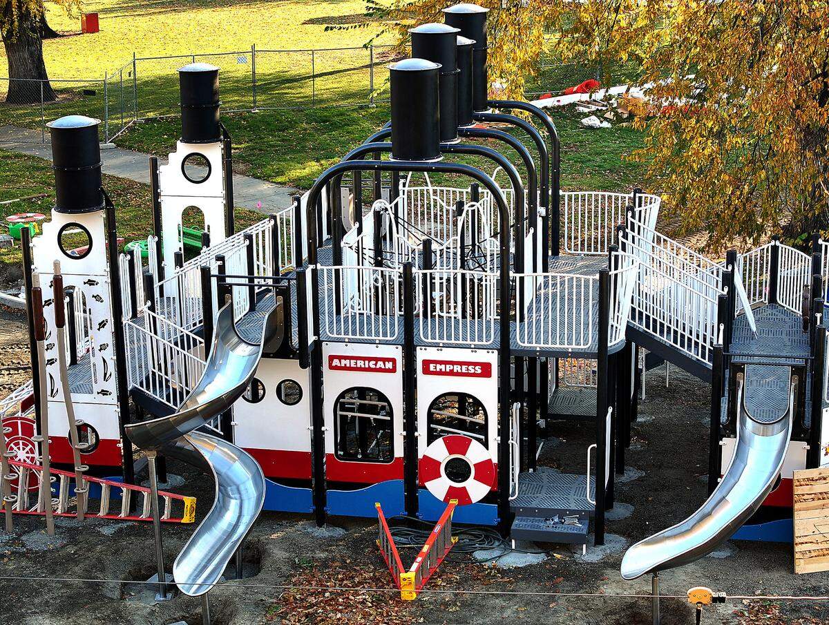 Work continues on the installation of new playground equipment in Richland’s Howard Amon Park with a cruise boat theme.