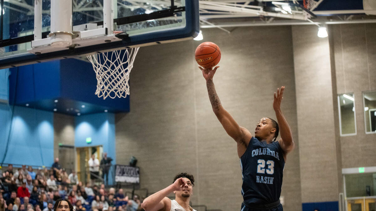 Columbia Basin College’s Latrell Barker, 23, shoots during their NWAC semifinals match against Bellevue.
