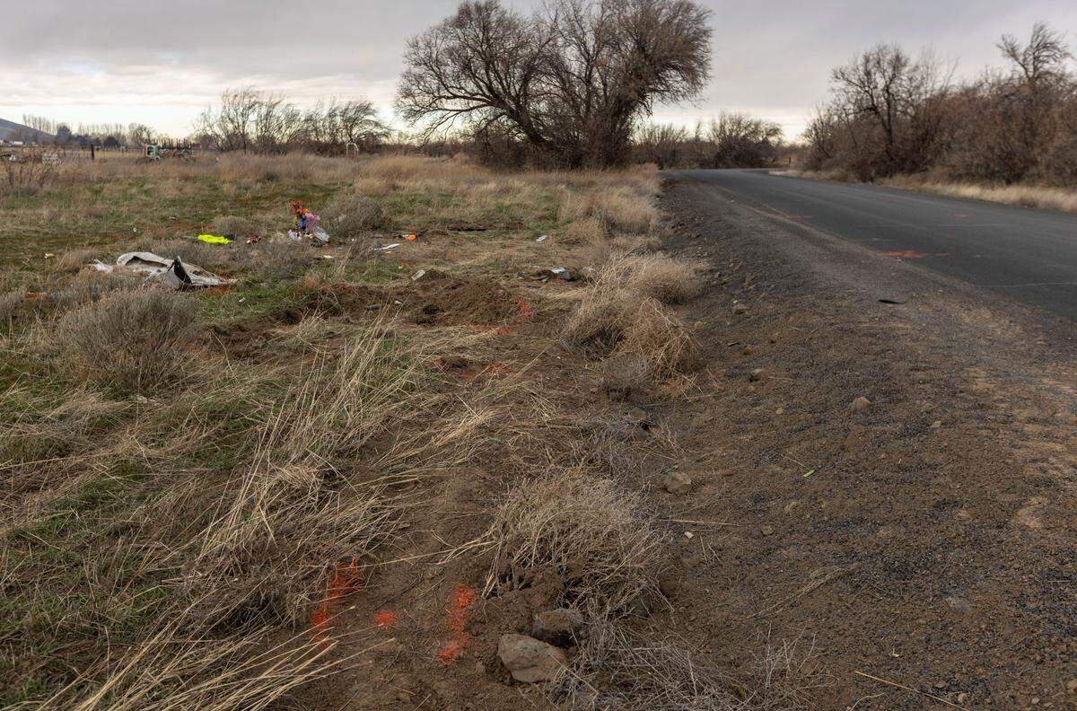 Markings map out the scene of a rollover collision on East Toothaker Road near Hover Park in Finley that killed one passenger and seriously injured the driver. A GoFundMe has been set up for the family of Bryanna L. Campbell, the 21-year-old who died in the crash.