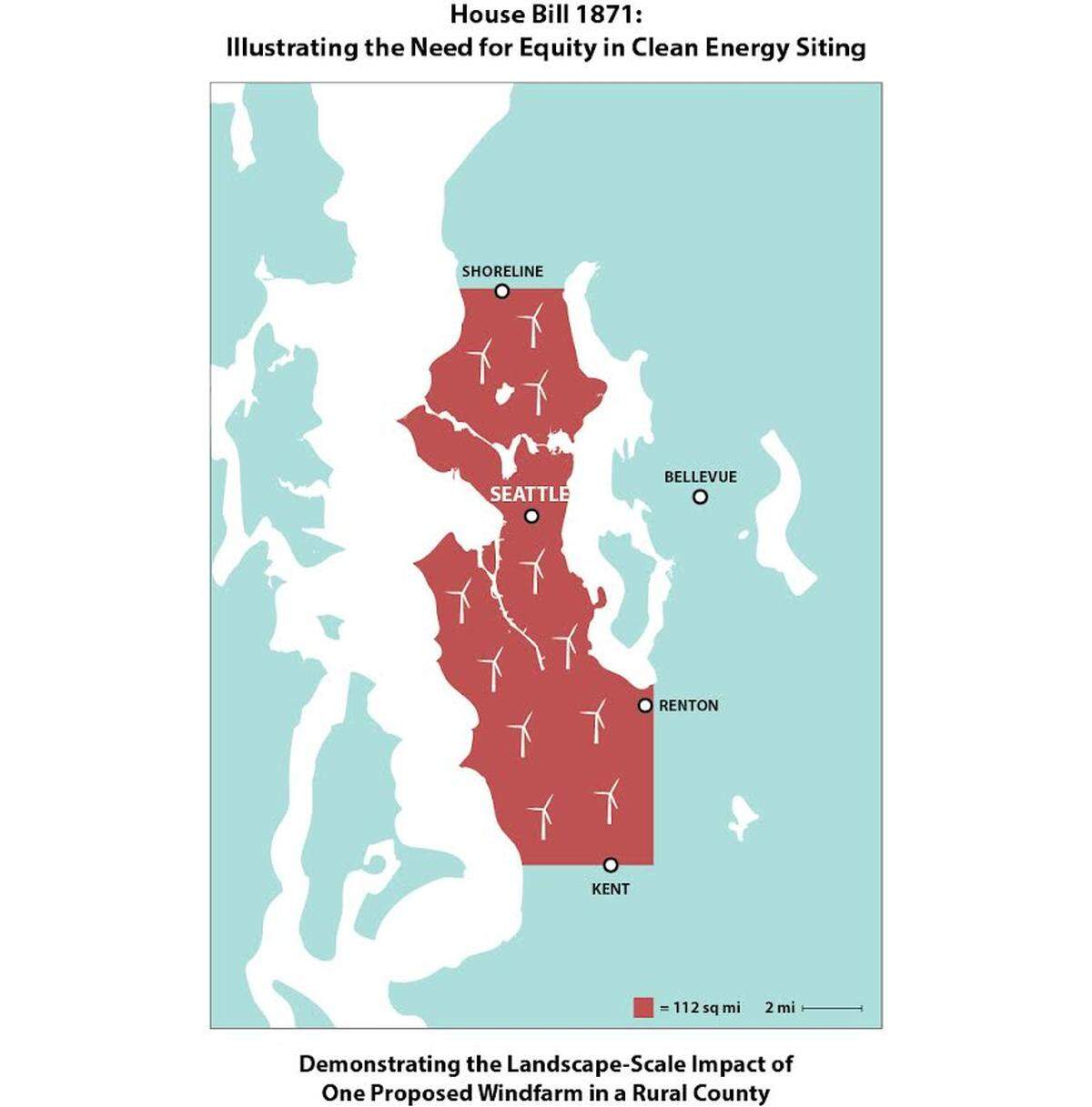 A map shows the size of the proposed Horse Heaven Wind Farm south of the Tri-Cities, by showing the land it would cover if based in the Seattle area.
