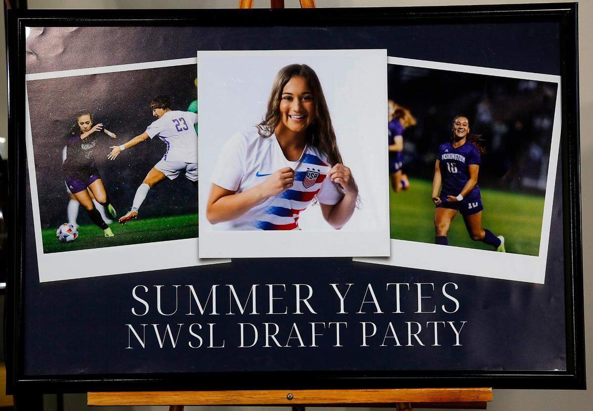 A framed poster print with photos of Chiawana High School graduate Summer Yates’ is displayed Thursday during her National Women’s Soccer League draft party held in Kennewick.&nbsp;