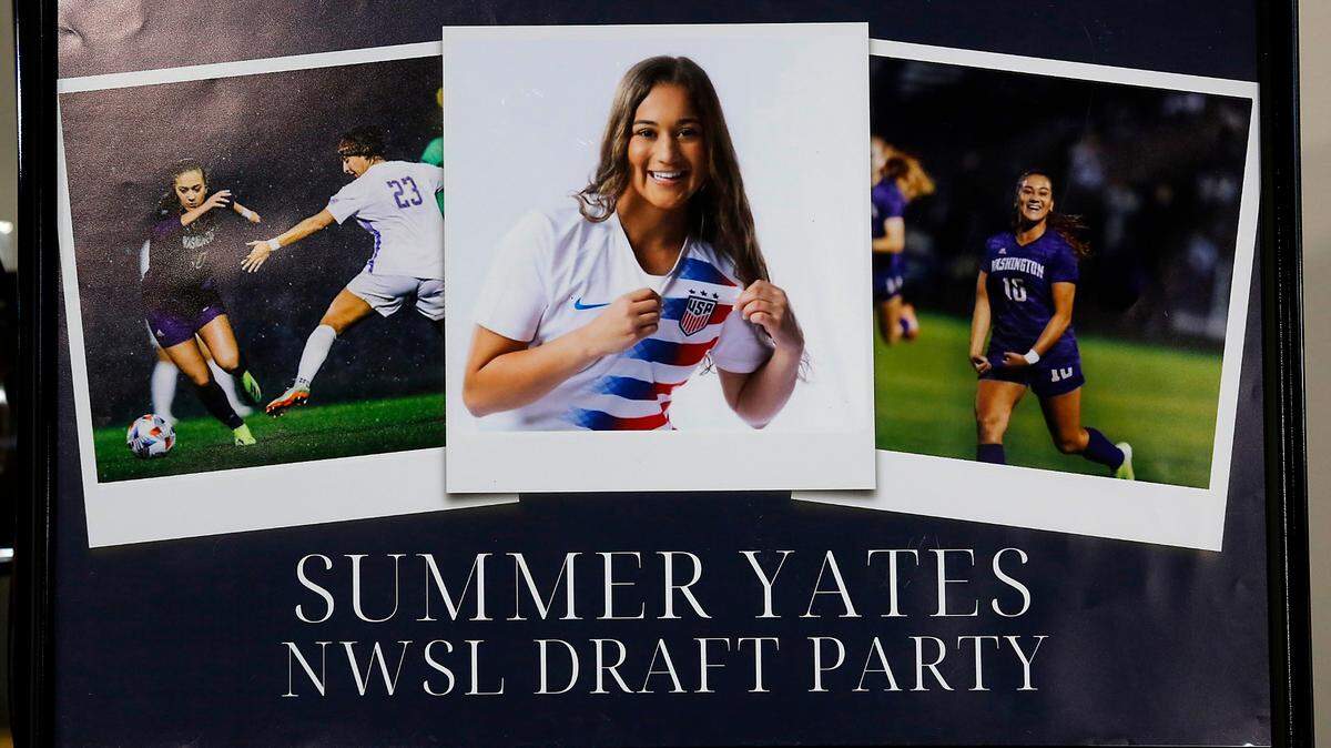 A framed poster print with photos of Chiawana High School graduate Summer Yates’ were displayed during her National Women’s Soccer League draft party in Kennewick in January.