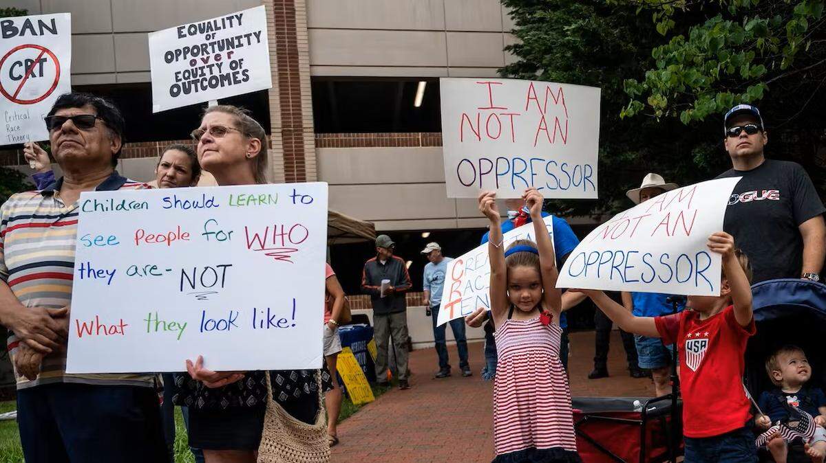 People rally against ‘critical race theory’ at the Loudoun County Government Center in Leesburg, Va. on June 12, 2021.
