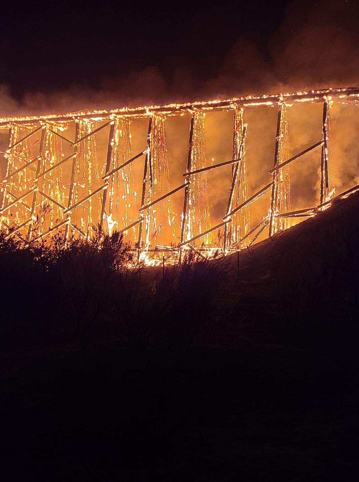 The fiery collapse was captured in photos and videos by Brian Stott who farms in the area.
