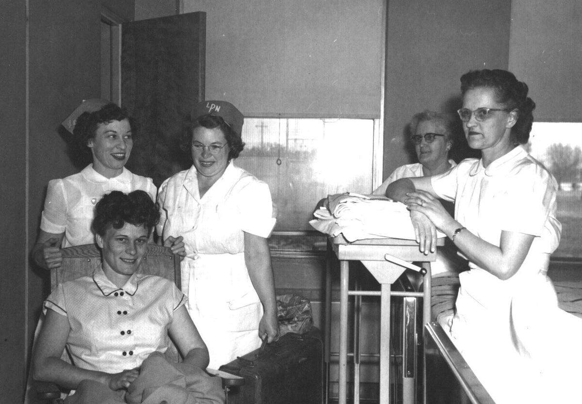Historical photo of a patient room at Kennewick General Hospital. It opened in 1952.