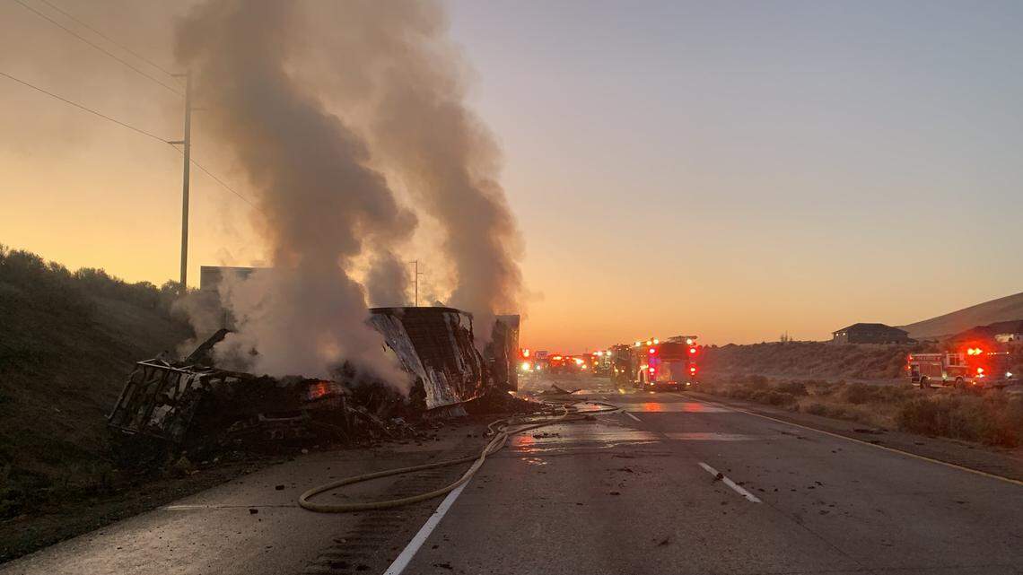 A pickup truck driven the wrong direction on westbound Interstate 82 near Richland Sunday morning crashed head on into a semi, said the Washington State Patrol.