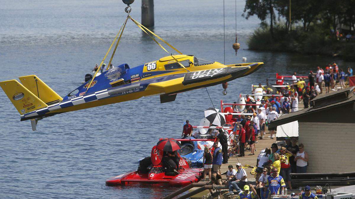 Unlimited hydroplane racing teams line the pit docks in preparation for a race during the Tri-Cities Water Follies annual summer event in this file photo.