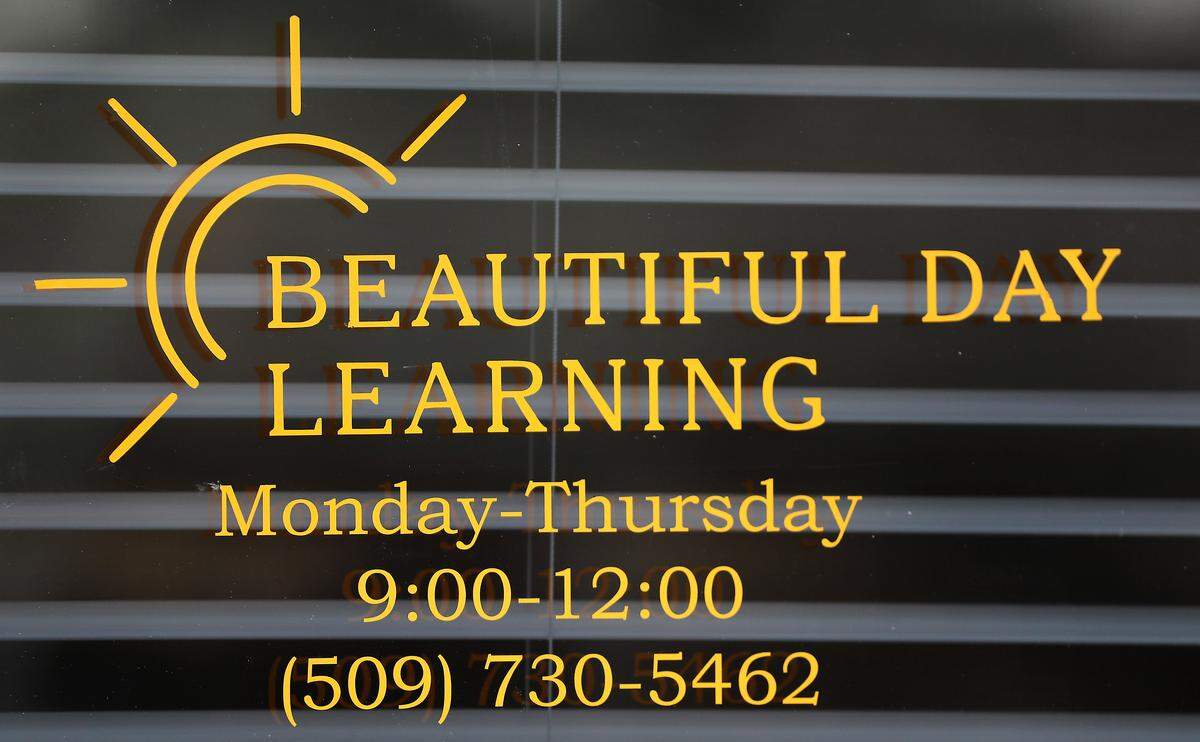 A sign is attached on a window at the new Beautiful Day Learning center is located at 5917 W. Clearwater Ave. building B in Kennewick. The new facility is designed to provide ongoing education for adults with intellectual disabilities.