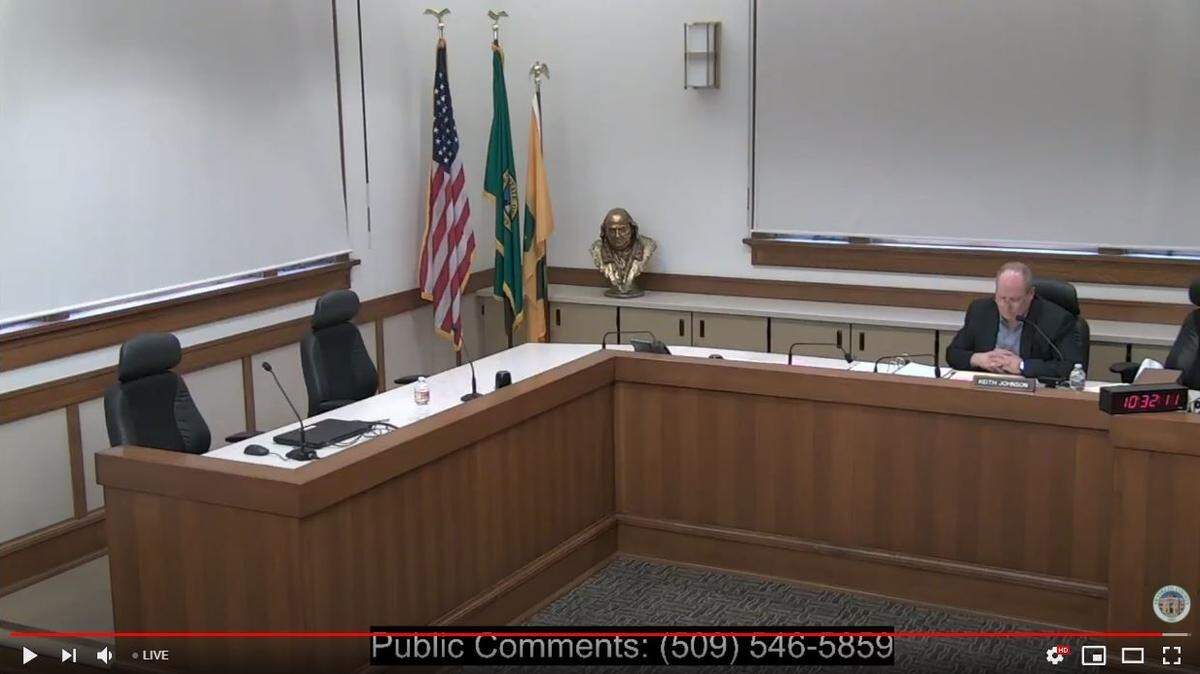 Franklin County Administrator Keith Johnson has been the only person inside the meeting room since commissioners started working remotely because of statewide restrictions during the coronavirus pandemic.