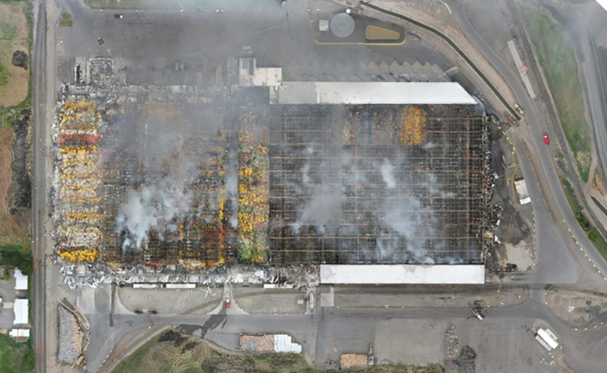 The Lineage cold storage warehouse fire in Finley was fully extinguished as of June 20, nearly two months after it began. Above is an aerial view of the 525,000-square-foot building after the fire.