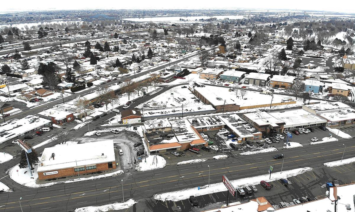 The red-brick faced building at 2628 W. Bruneau Ave, directly above the Umpqua Bank building in lower left corner, is the new location for a needle exchange program recently evicted from a Franklin County building. The partnership between Ideal Option and Blue Mountain Heart to Heart was announced at a public meeting held Monday morning at the Kennewick Police Department.