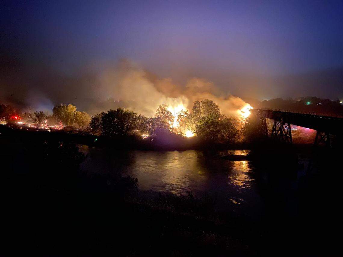 Fire near the train trestle over the Yakima River near Gibbon Road in Prosser burned Monday night.
