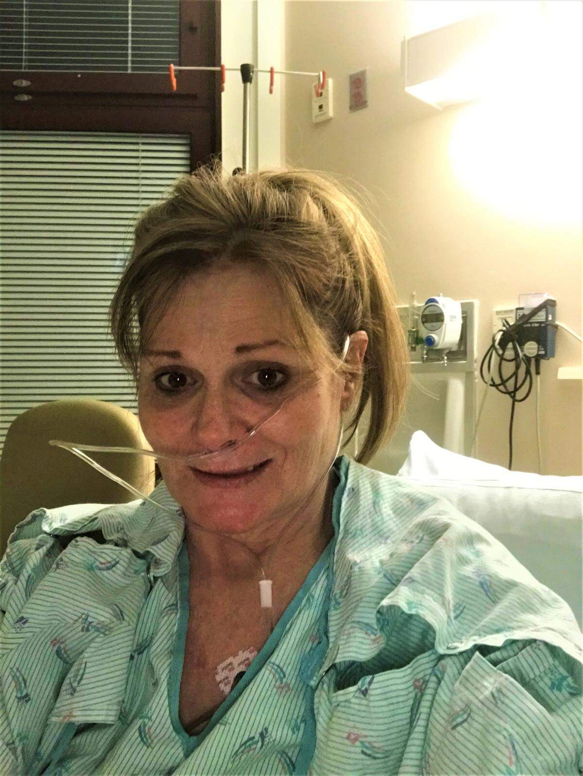 This photo of Tammi Diaz was taken in her hospital room just before her double lung transplant in January 2021.