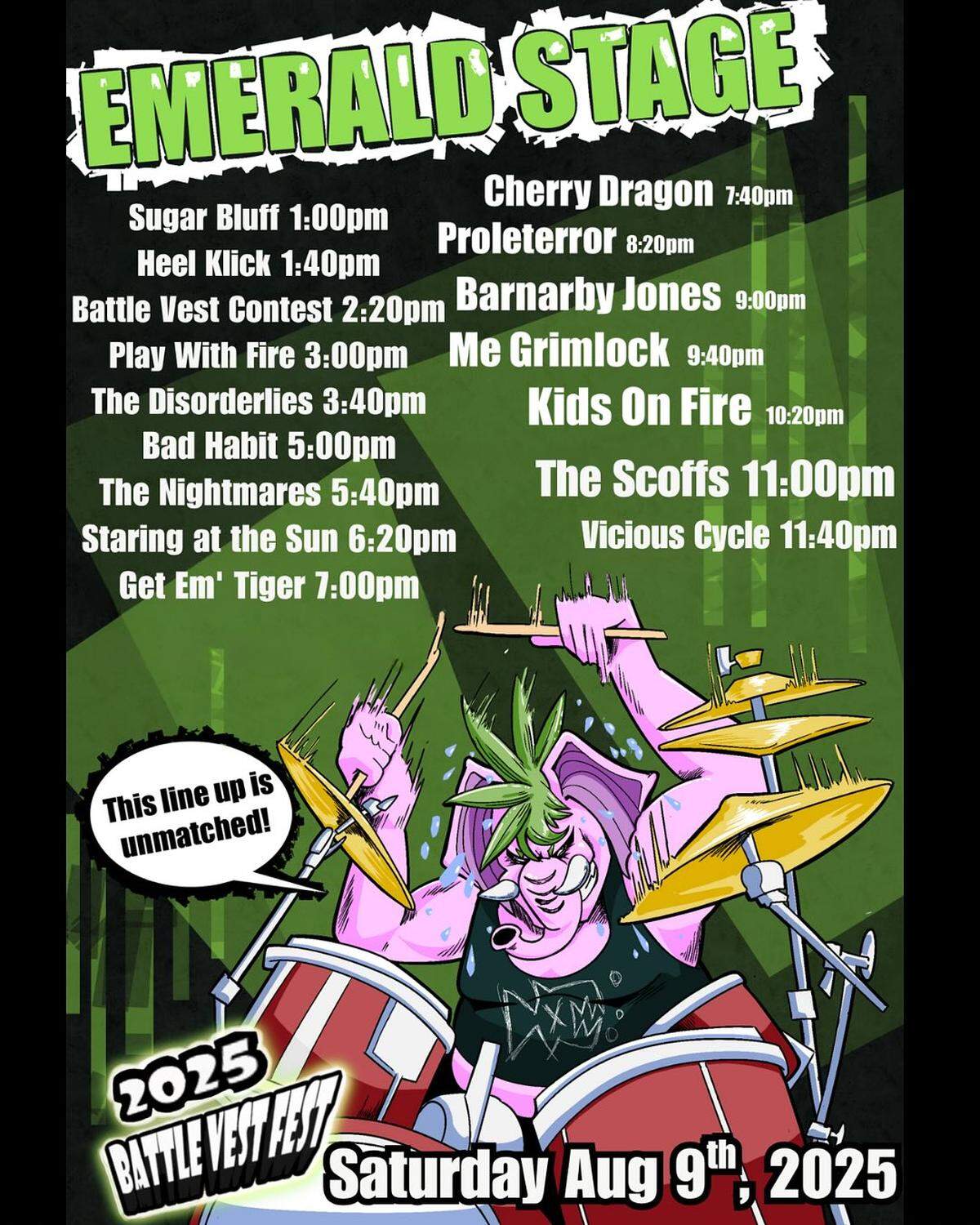 The current Battle Vest Fest lineup for the stage at The Emerald of Siam on Saturday, August 9.