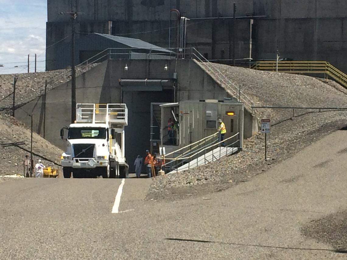 The first load of radioactive sludge arrived at Hanford’s T Plant in the center of the nuclear reservation in June 2018. The tractor trailer holding the container is shown before backing into a tunnel at the plant to allow the container to be placed in an underground cell at the plant.