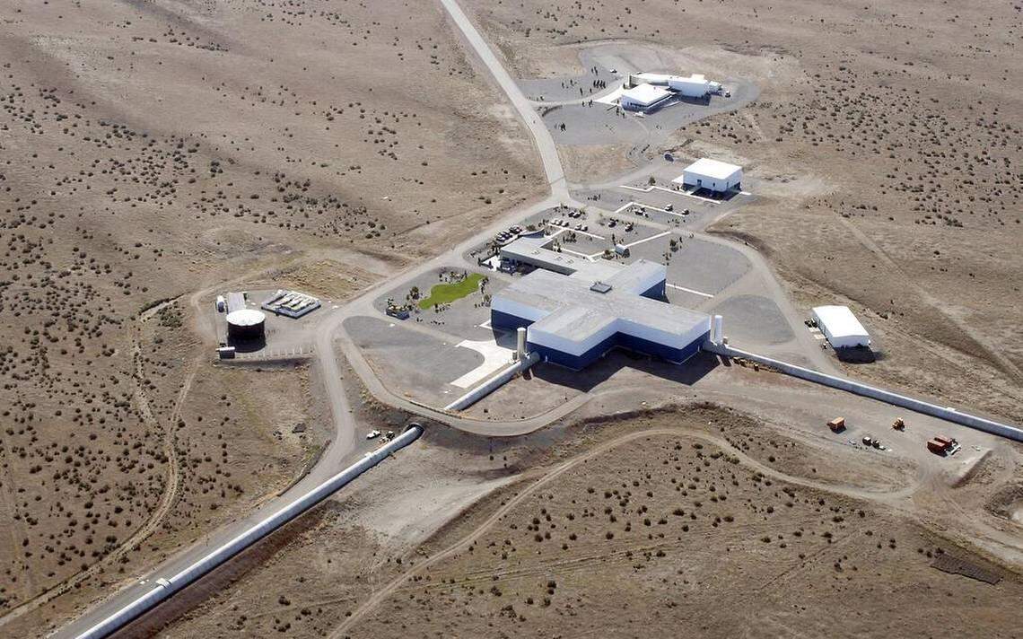 An aerial view of the Laser Interferometer Gravitational-wave Observatory, or LIGO, north of Richland at Hanford.