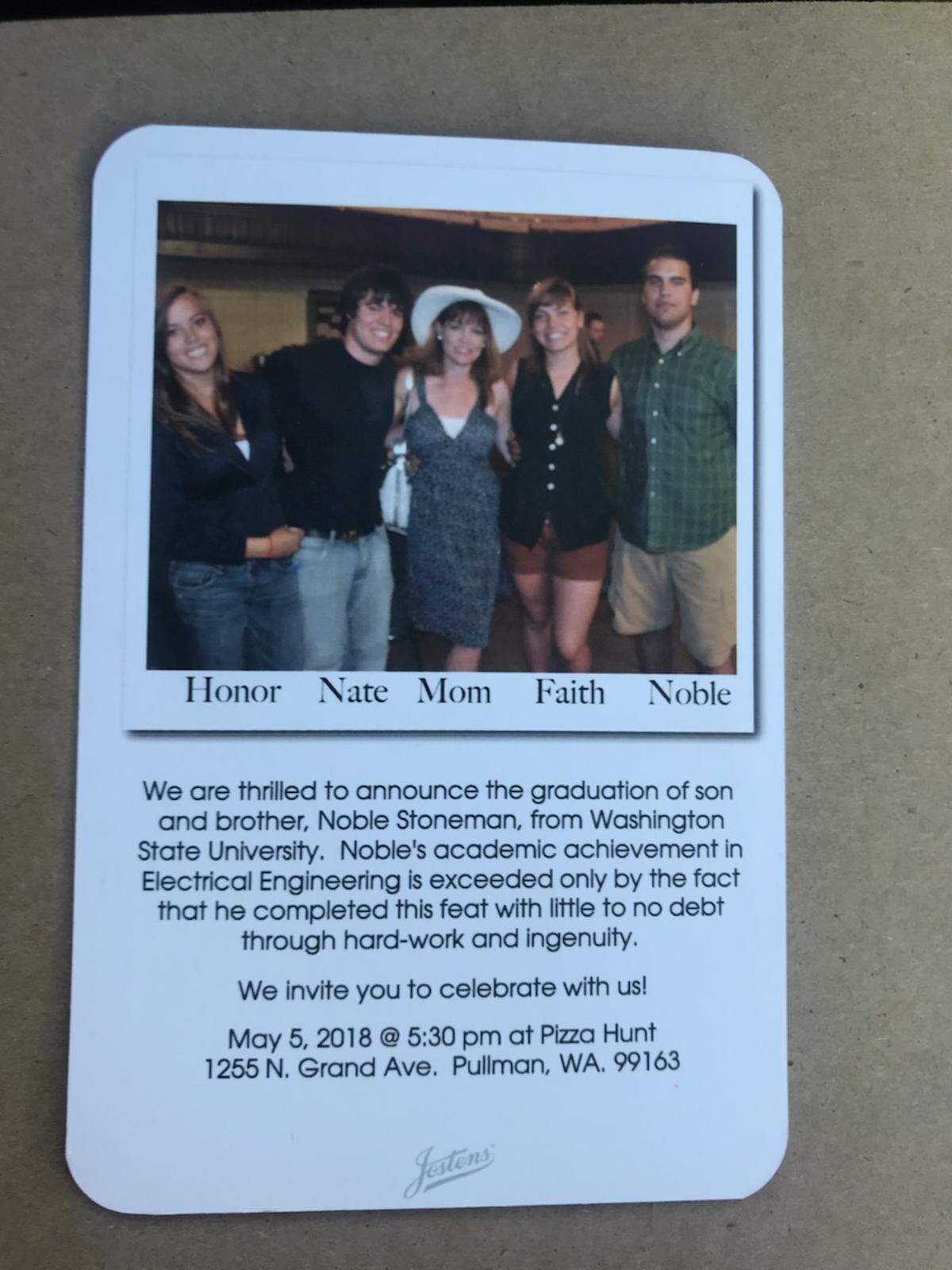 Noble Stoneman's mother, Ruth Drollinger of Yakima, had these announcements put together for her son's WSU graduation. He planned to celebrating his birthday and graduation in Yakima this weekend.