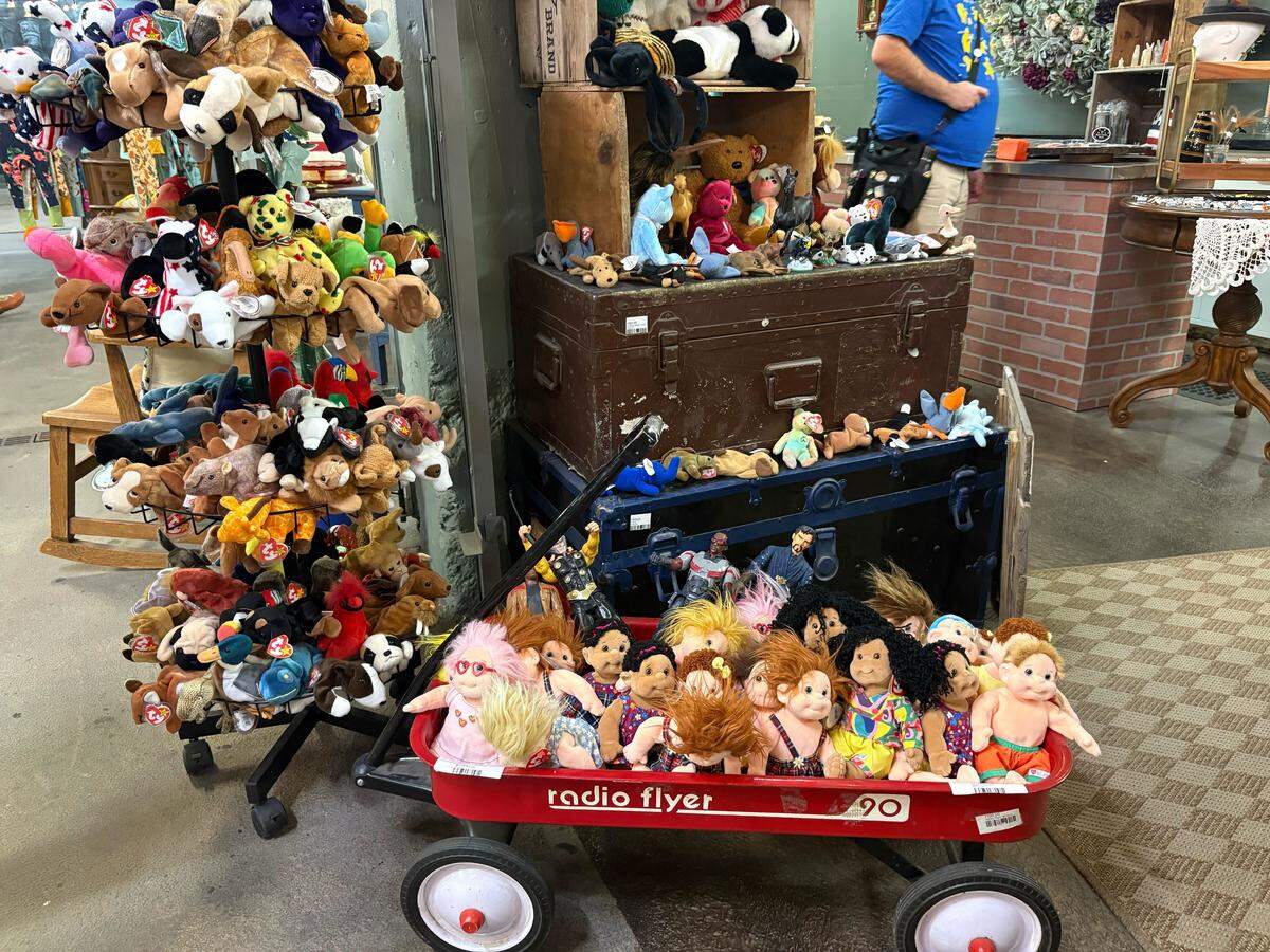 A display full of Beanie Babies and other collectable stuffed animals near the back of the Kennewick Public Market.