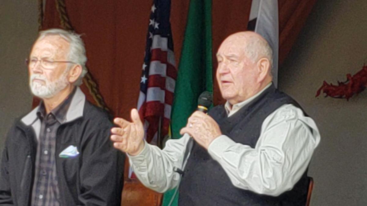 U.S. Agriculture Secretary Sonny Perdue, right, fields a question during a breakfast with Mid-Columbia farmers in Richland Tuesday as U.S. Rep. Dan Newhouse looks on. Perdue is the first agriculture secretary in a generation to visit the Mid-Columbia, Newhouse said.