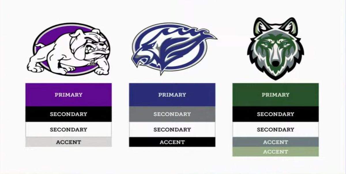 A mock up shows what the Sageview High School “Lobos” mascot and color combinations would look like alongside the Bulldogs and Riverhawks branding.