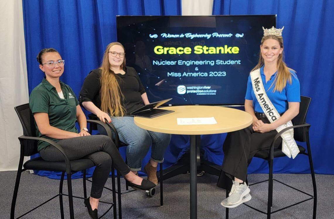 Hanford engineers Jennifer Kadinger and Brittney Atterbury speak with Miss America 2023 Grace Stanke during a Women in Engineering virtual meeting for Hanford site employees.