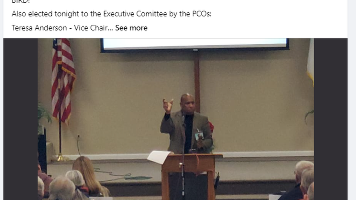 A screenshot shows a Facebook post congratulating Richland School Board member Semi Bird as the new chairman of the Benton County Republican Party.