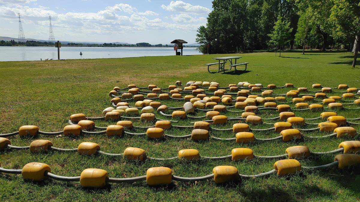 A buoy line waits to be installed at the start of the 2023 swimming season at Sacajawea Historical State Park in Pasco.