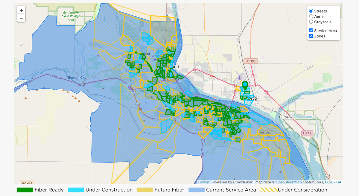 A map shows the Ziply Fiber network in the Tri-Cities area.