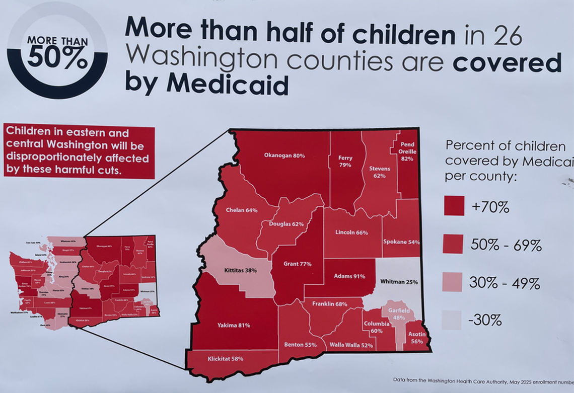 Central and Eastern Washington are heavily dependent on Medicaid coverage, as shown in this map displayed by Gov. Bob Ferguson at a Thursday press conference in the Tri-Cities.