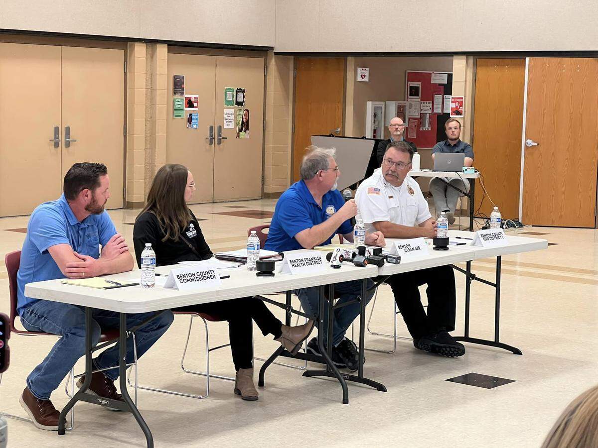 Tri-Cities area government officials provide information on the Lineage warehouse fire at a Finley town meeting May 29. Lineage declined to participate, they said.