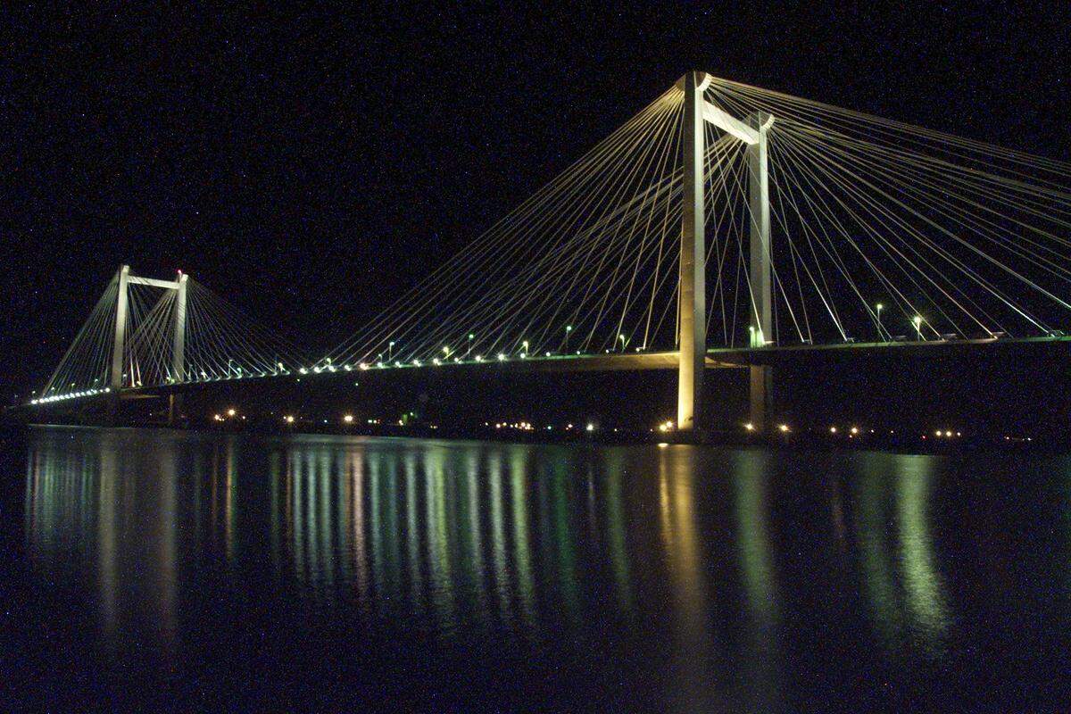 A night view of the cable bridge over the Columbia River in the Tri-Cities.