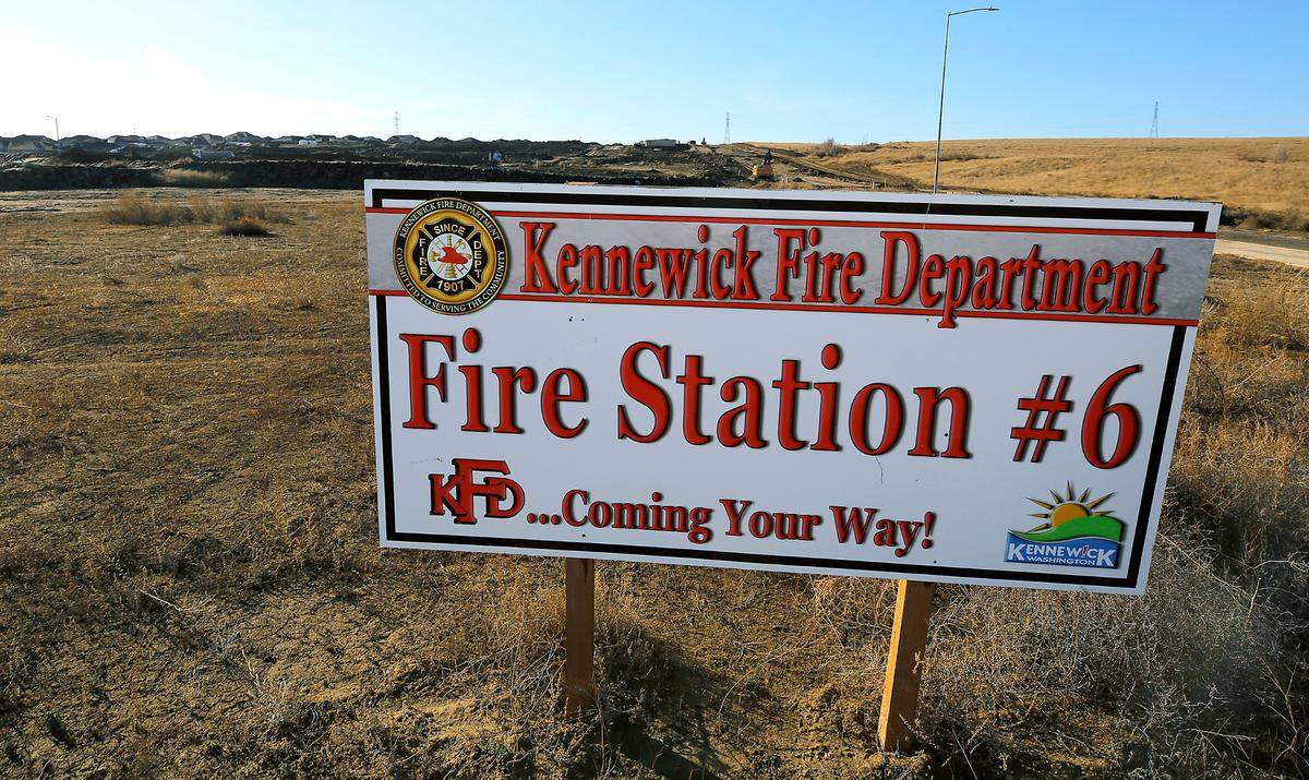 A large sign marks the site of the proposed Kennewick Fire Department Fire Station #6 at the intersection of South Colorado Street and West 28th Place just off the Bob Olson Parkway in Kennewick.