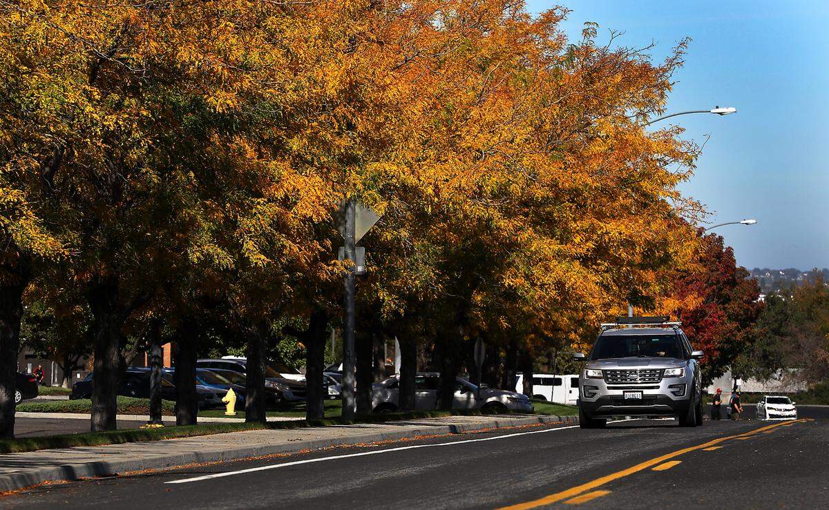 Traffic travels south on Crosswind Boulevard near West Canal Drive in west Kennewick as cooler temperatures have started transforming leaves on trees into a colorful fall display around the Mid-Columbia.