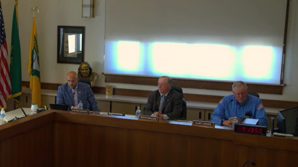 Franklin County Commissioners held a special, closed door meeting to discuss severing the county administrator’s contract on June 18. From left, Commissioner Stephen Bauman, Chairman Rocky Mullen, Commissioner Clint Didier.
