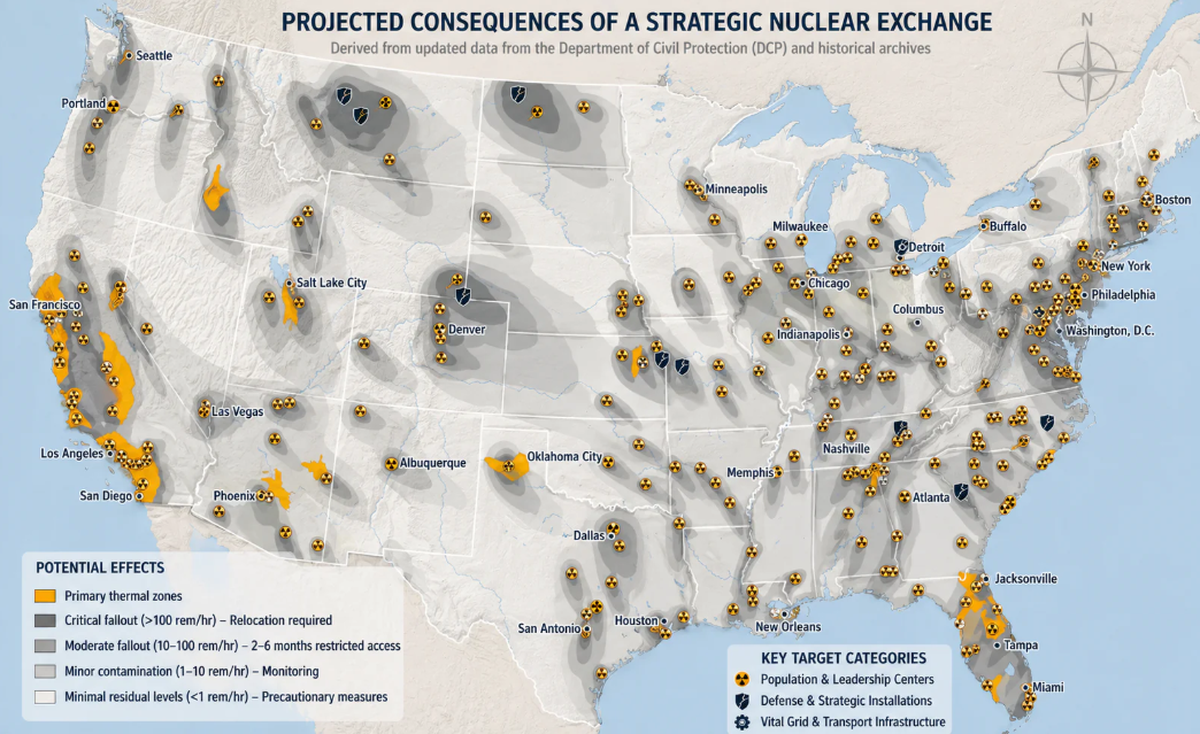Map from MIRA Safety depicting the projected consequences of a strategic nuclear exchange in the United States. Key targets in Washington state are Seattle, Spokane and Tri-Cities, labeled “population and leadership centers.” Moderate fallout is projected around Tri-Cities, while Seattle and Spokane would have more critical fallout.
