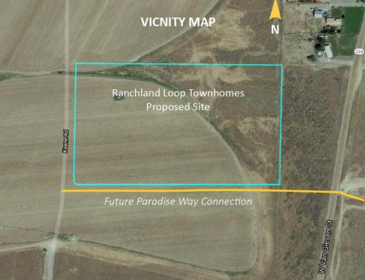 Ranchland Townhomes project approved by the West Richland City Council in February will have 40 townhomes and two apartment buildings. The development will be on 17 acres at the future extensions of Paradise Way and Keene Road off West Van Giesen Street.