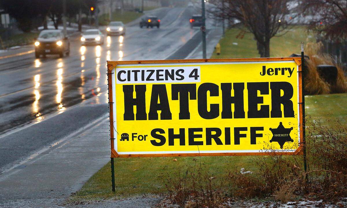 A sign of support for Benton County Sheriff Jerry Hatcher is displayed on South Ely Street near West 27th Avenue in Kennewick. There is a citizen recall initiative of the Benton County Sheriff currently underway.