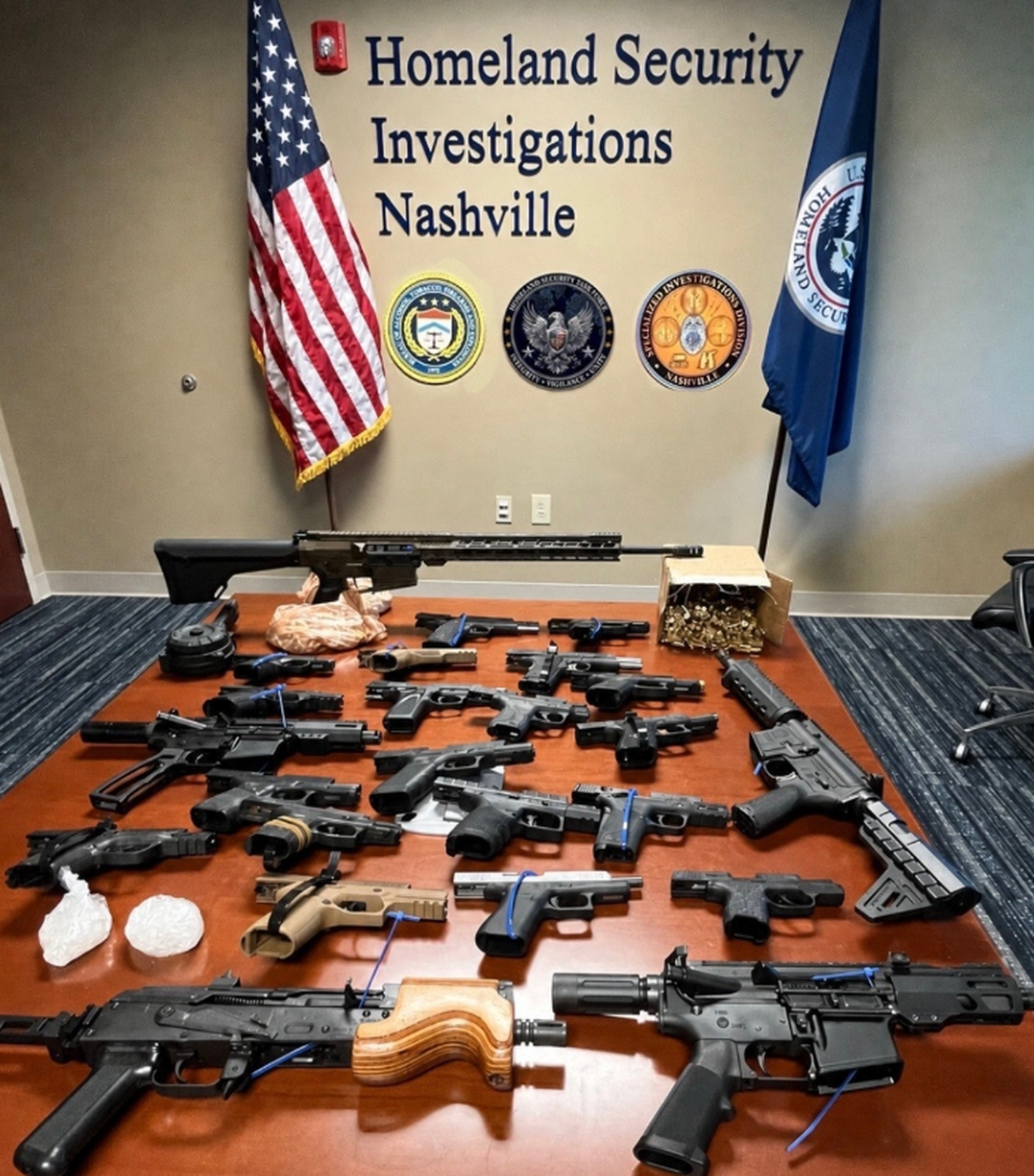 Firearms seized by federal agents in Tennessee in an operation targeting Tren De Aragua, a foreign terrorist organization. A Kennewick, Wash., man was among those arrested.