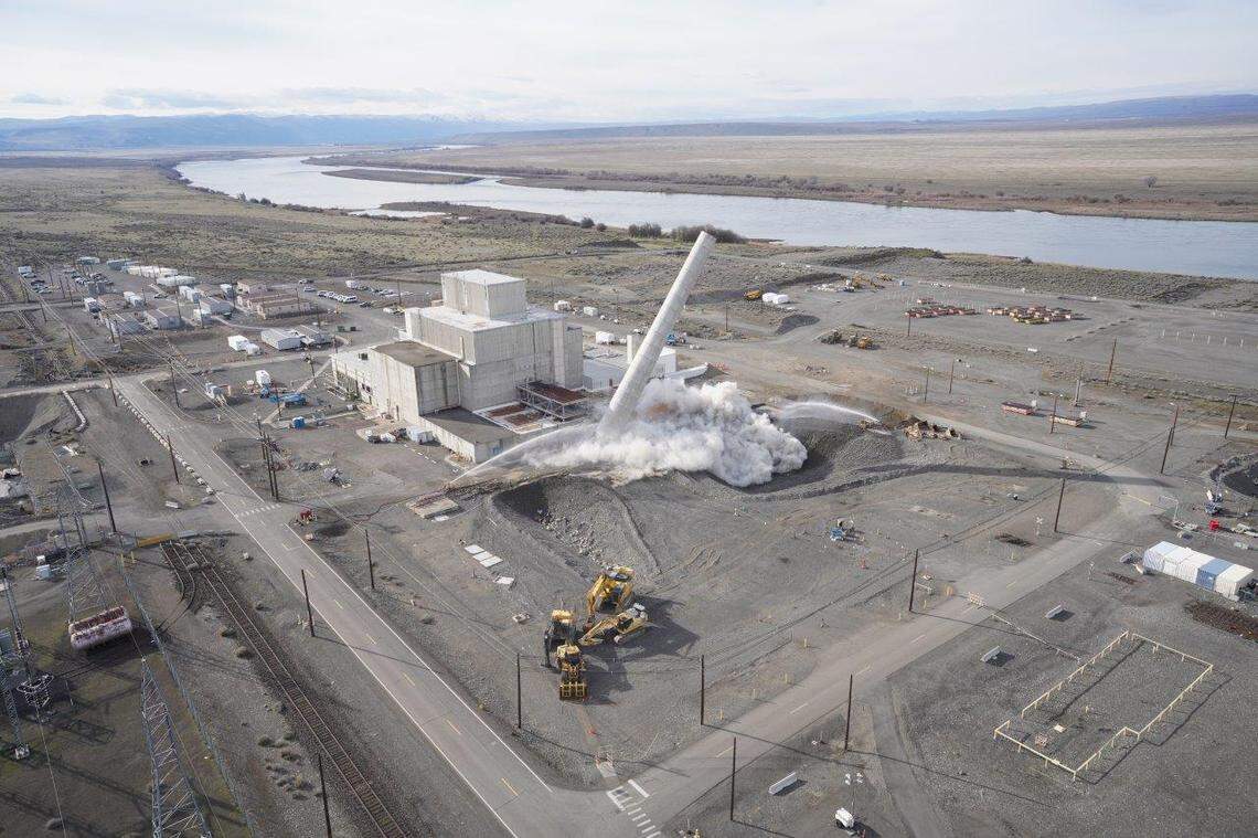 Explosives were used Friday afternoon to topple the 175-foot-tall exhaust stack of the K West Reactor at the Hanford nuclear site in Eastern Washington.