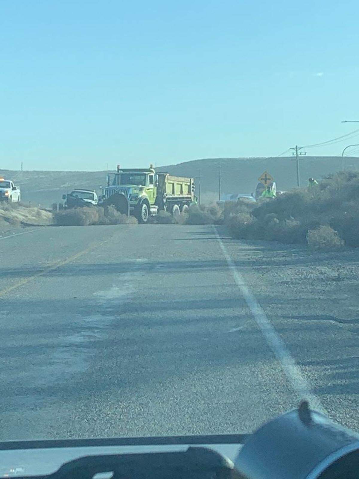 A plow truck was brought out to clear Van Giesen Street near Keene Road in West Richland of tumbleweeds Sunday afternoon.
