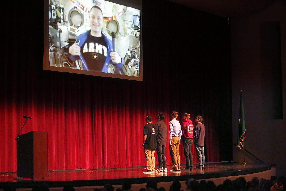 Five Tri-Cities Army recruits prepare to be sworn in Wednesday at Richland High School by astronaut Army Col. Andrew Morgan in a live two-way broadcast from the International Space Station. From left are: Pedro Garcia of Southridge High, Bryan Edwards of Pasco High, Isaiah Brodaczynski of Richland High, Eli Cooper of Hanford High and Esai Robledo of Richland High. Watch a video at tricityherald.com/videos