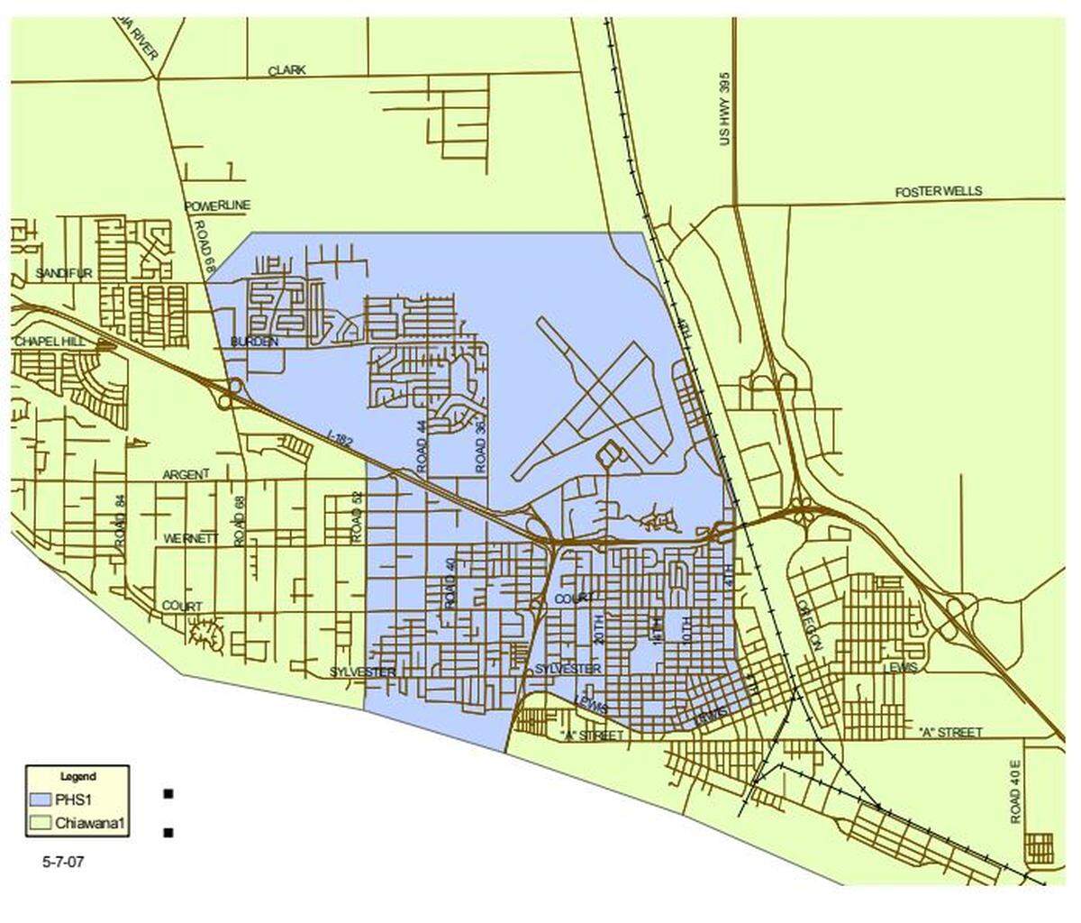 Attendance boundaries for Pasco High School and Chiawana High School as they were drawn and passed in 2007.