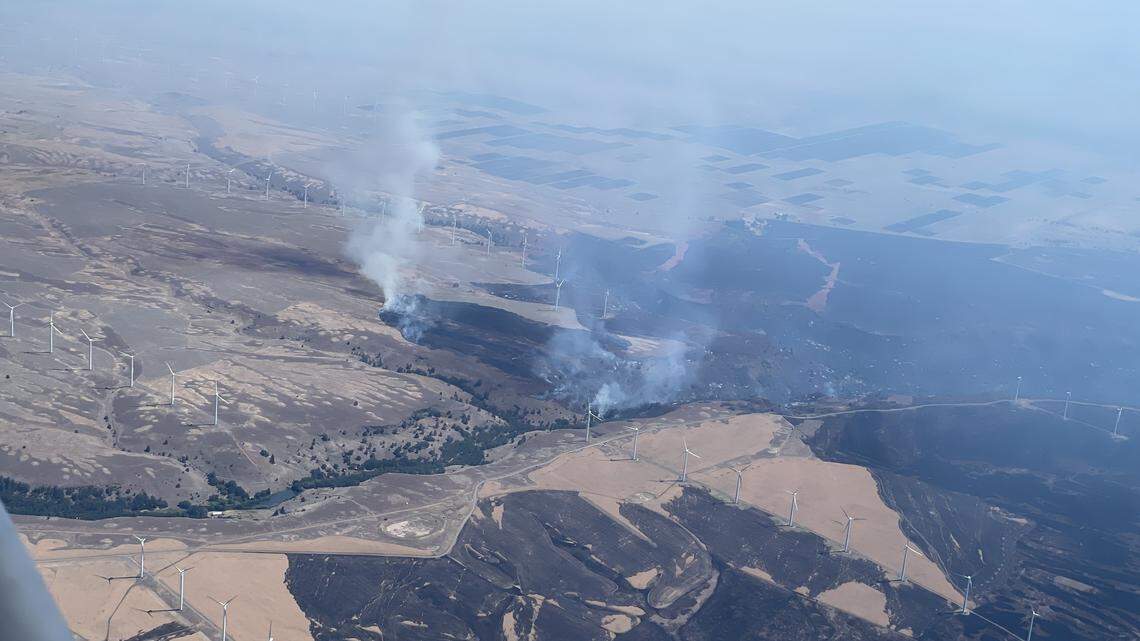 The Newell Road fire near Roosevelt, WA has grown to more than 60,000 acres. Smoke is seen from the air in this photo.