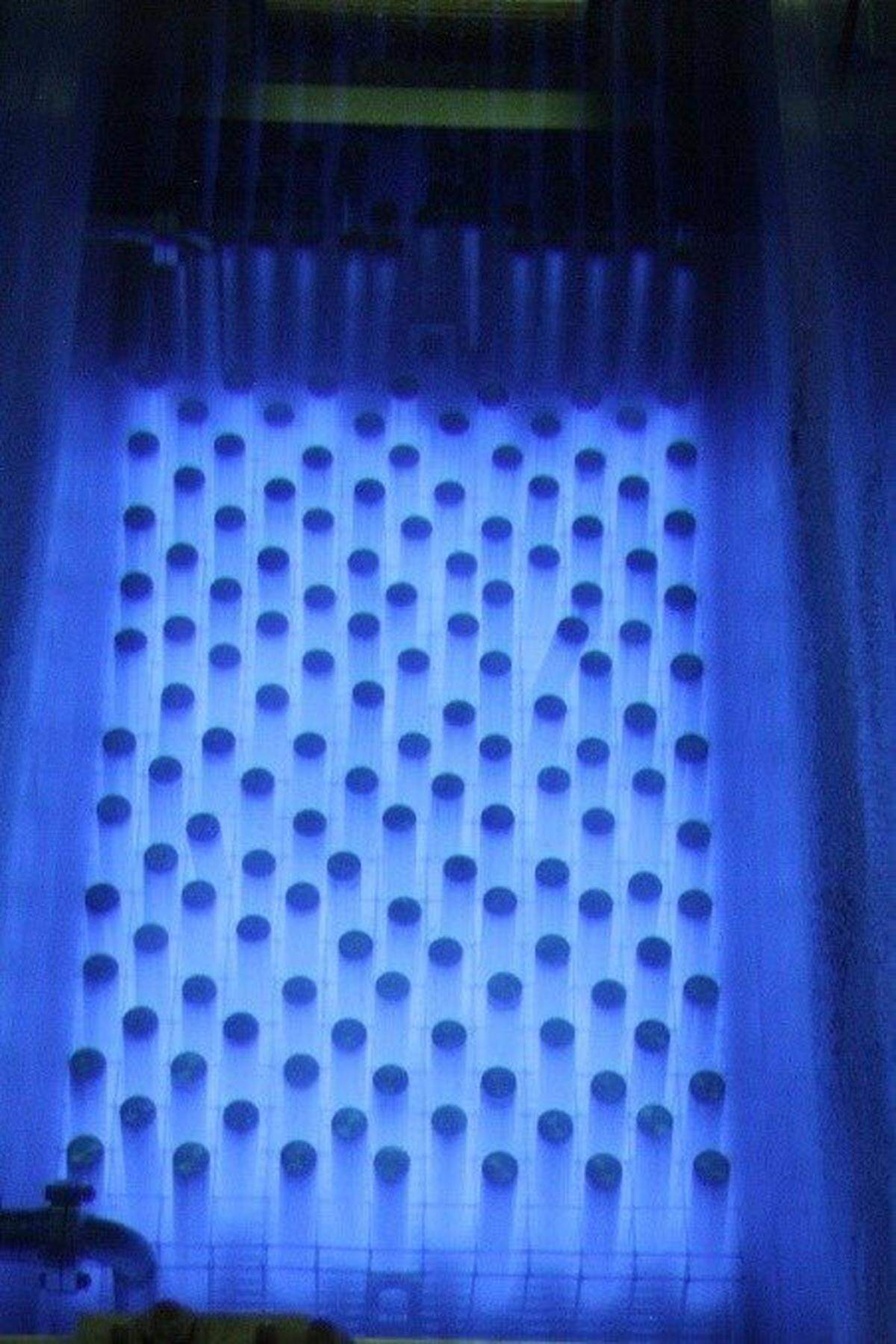 The water around cesium and strontium capsules in the Waste Encapsulation and Storage Facility pools glows blue. The effect is known as the Cherenkov Glow, as the radioactive cesium and strontium gradually lose their radioactivity.