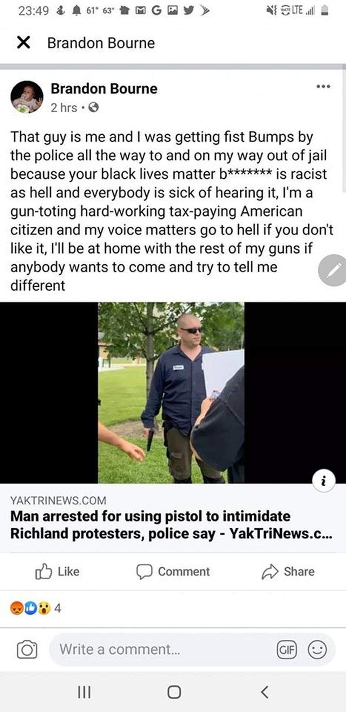 A 32-year-old man accused of brandishing a gun at a recent Black Lives Matter demonstration has a pending felony case for threatening to shoot employees at a Tri-Cities hospital.